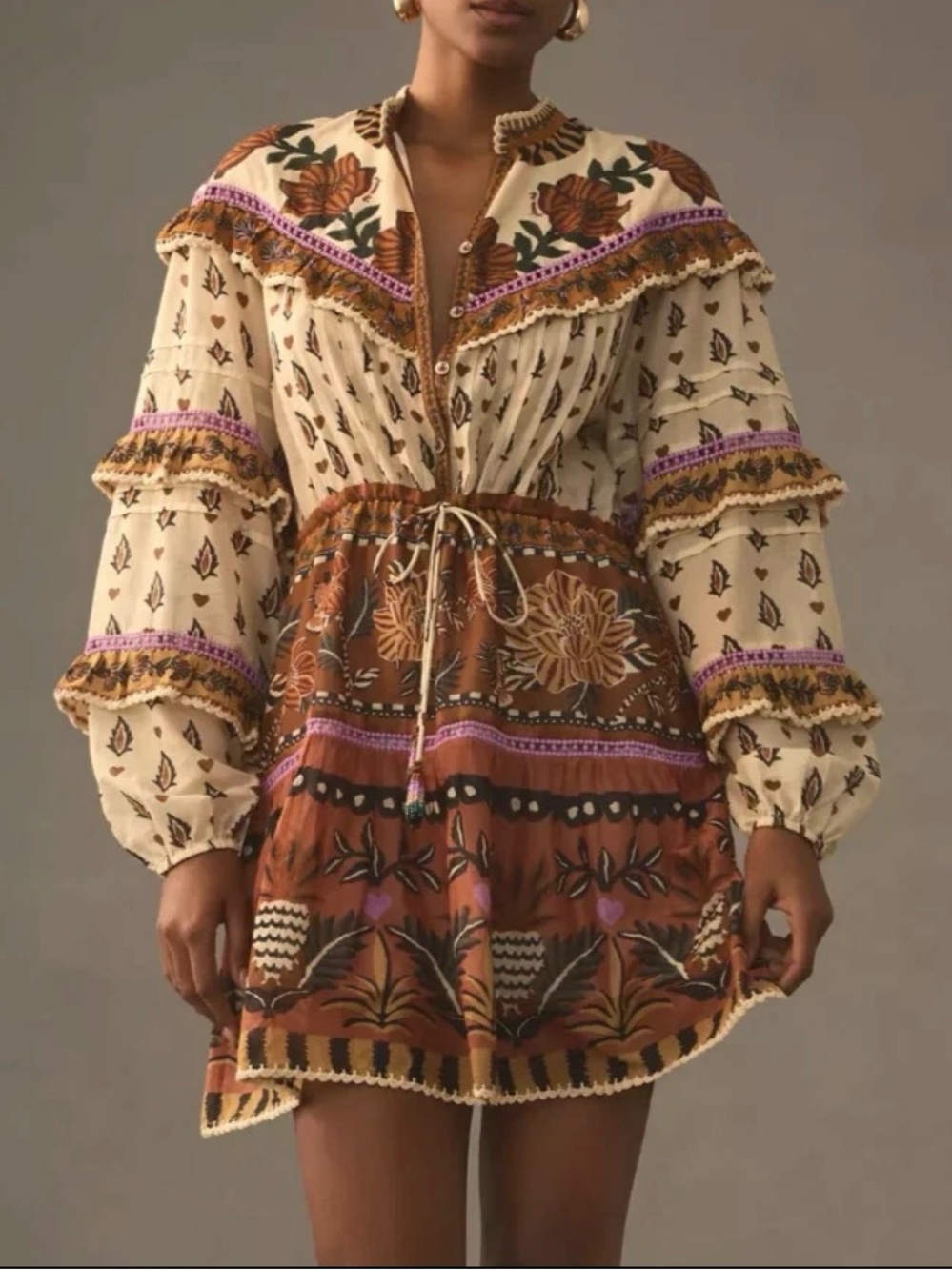 FARM Rio Cream and Brown Floral Tiered Mini Dress with Purple Accents
